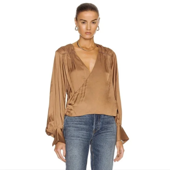 Frame Denim Satin Balloon Long Sleeve Wrap Front Blouson V-Neck Blouse Bronze XL - Picture 2 of 13